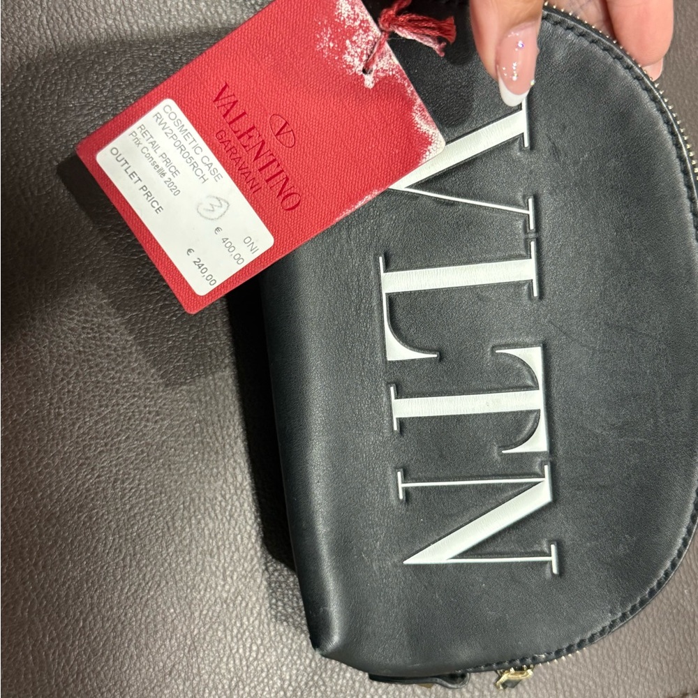 Valentino Black Leather Cosmetic Pouch with Red Tag